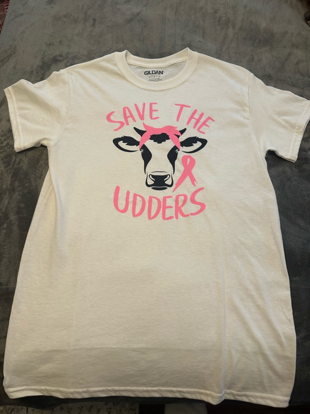 Gildan White Tee with Pink 'Save The Udders' Cow Graphic
